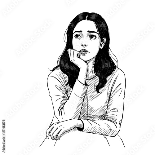 Pensive young woman with long hair resting her chin on hand on white background