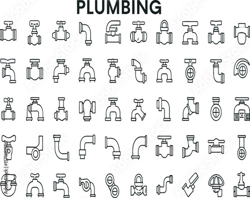 Plumbing Icon Collection: A comprehensive collection of line icons, featuring various plumbing components for easy identification and versatile design integration. 