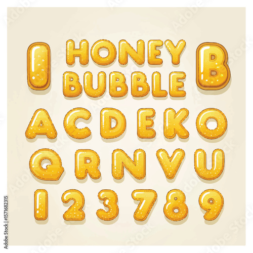 Glossy honey bubble font. Inflated alphabet, 3D yellow balloon letters and numbers. Vector set