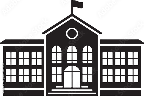 Classic school building with flag and arched windows silhouette