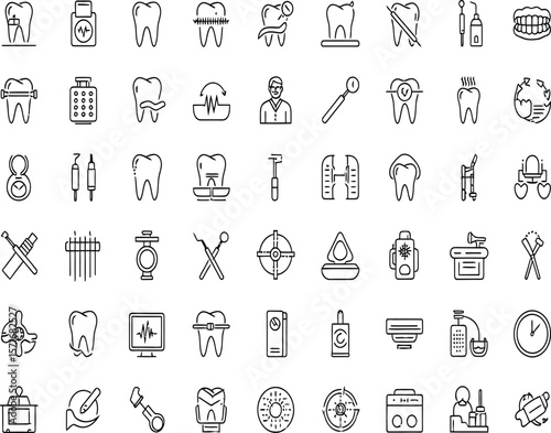 Dental Care Icon Set: A comprehensive collection of intricately designed line art icons depicting various aspects of dental care, tools, and procedures. These icons capture the essence of oral health.