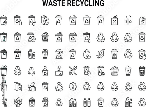 Recycling and waste management icons set: A visually compelling collection of simple, minimal icons depicting different aspects of recycling, waste management.