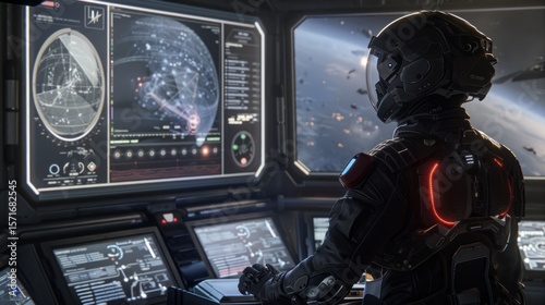 Futuristic Pilot Navigating Through Space Using High Tech Displays Within the Spaceship Cockpit