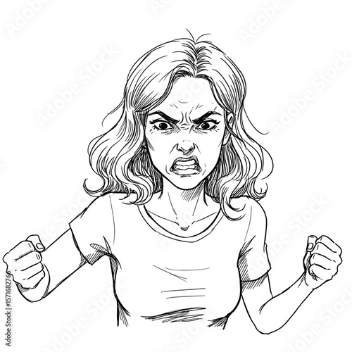Angry young woman with wavy hair expressing frustration on white background