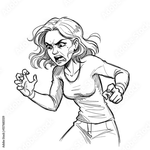 Furious young woman with wavy hair ready to hit on white background