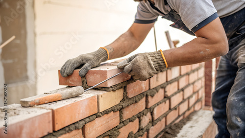 A skilled bricklayer meticulously lays bricks, constructing a sturdy wall with precision and expertise