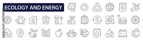 Ecology and Energy 56 icon set. Set of energy thin line icons. Environment, recycle, renewable energy, electric bike, eco-friendly, forest, wind power. Icons for renewable energy. Vector illustration