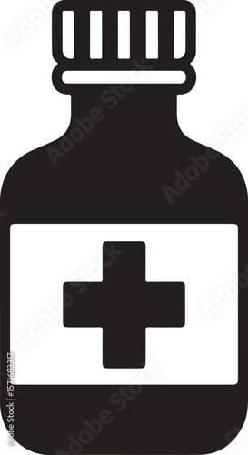 Simple black silhouette of a medicine bottle with a cross symbol
