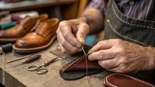 A skilled shoemaker is meticulously handsewing leather shoes in a traditional workshop