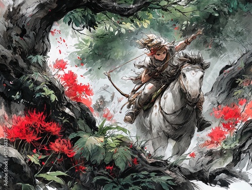 legendary centaur guardian in enchanted forest: a stunning bow and arrow scene, perfect as a poster for fantasy-themed sports interiors and adventurous spaces!