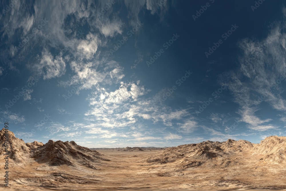 Vast seamless panorama showcases an alien desert landscape under a vibrant sky with intricate cloud formations and distant mountains highlighting an otherworldly terrain Vast seamless panorama showcases an alien desert landscape under a vibrant sky with intricate cloud formations and distant mountains highlighting an otherworldly terrain