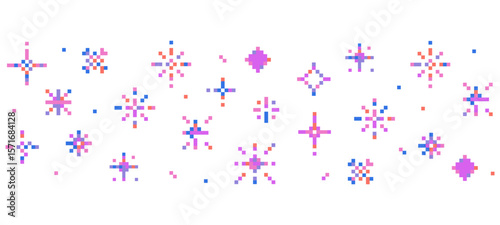 8 bit pixel sparkle border in retro style stars and crystals for games UI retro designs or web Minimalist 90s Y2K pixel star collection.Firework burst, space decoration. 