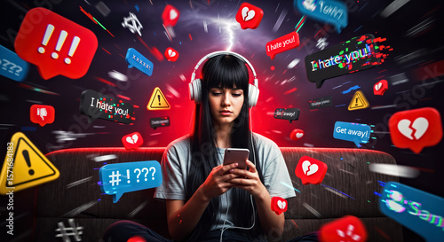 Modern Young Girl Wearing Headphones Holding Phone and Surrounded With Chaotic Storm of Hateful Chat Speech Bubbles Icons
