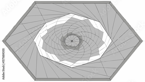 Abstract geometric hexagon with a swirling spiral pattern in grayscale tones