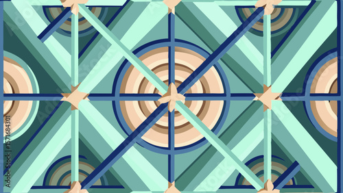 Geometric pattern with intersecting lines and circular motifs in shades of blue and teal