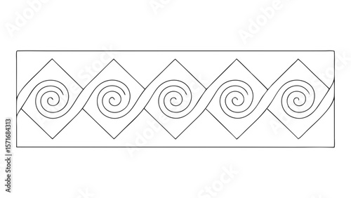 Black and white geometric border design with repeating spiral and wave patterns