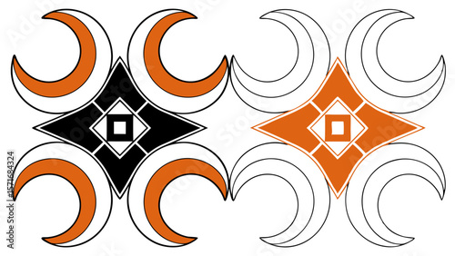 Abstract geometric pattern with crescent shapes and diamond motifs in black and orange