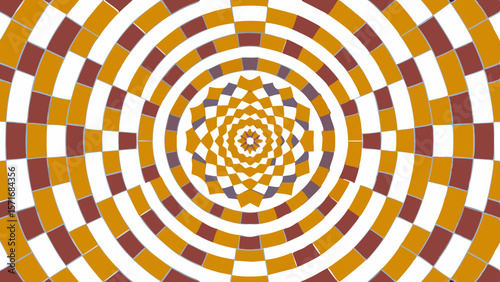 Concentric circles of geometric patterns in orange brown and white