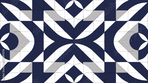 Geometric art deco pattern with navy blue white and gray shapes