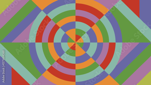 Vibrant geometric pattern with concentric circles and diagonal lines in pastel colors
