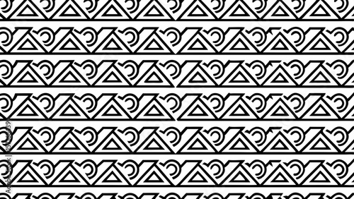 Abstract geometric pattern with repeating triangles and curved elements in black and white