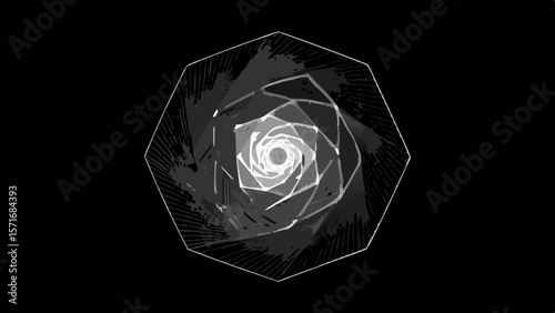 Abstract monochrome geometric vortex pattern with radiating lines on black background