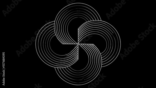 Abstract geometric design with interlocking white curved lines on a black background