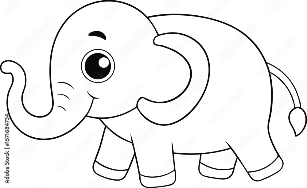 Fototapeta premium Standing elephant with curved trunk in cartoon gentle pose line art Vector