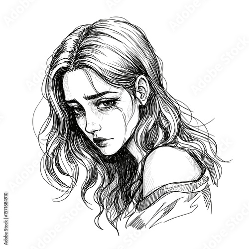 Sad young woman with wavy hair shedding tears on white background
