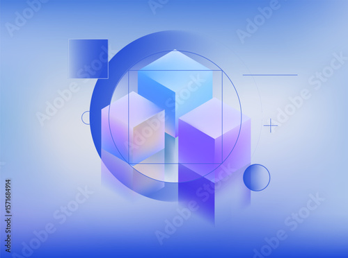 Vector illustration in abstract geometric style, featuring glowing blue cubes and translucent shapes. Theme: technology and modern design.