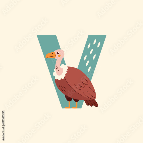 Vulture with letter V for learning the alphabet, with copy space