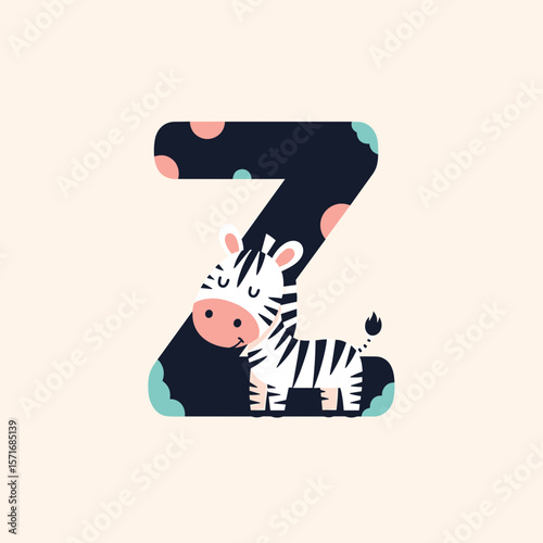 Zebra standing by letter Z for an alphabet design, with copy space