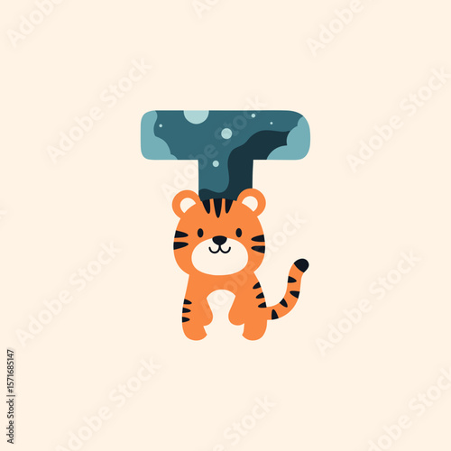 Cartoon tiger forming letter T against light background, with copy space