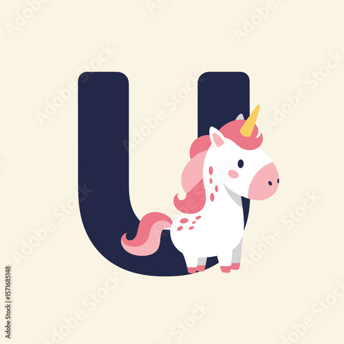 Unicorn with letter U for children's alphabet, for educational materials