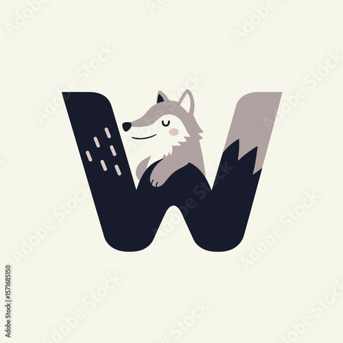 Stylized letter W with cute wolf, for educational use with copy space