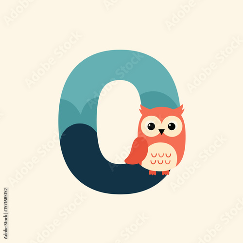 Letter O with cartoon owl for children's alphabet, with copy space