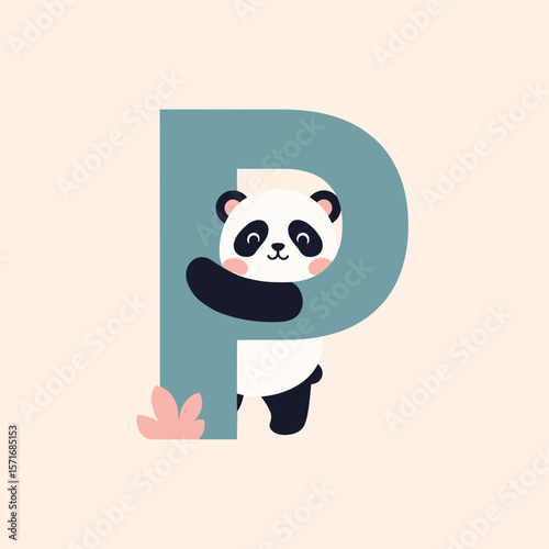 Panda hugging the letter P, for educational use, with copy space