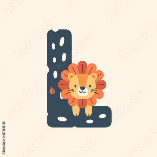 Lion on letter L, cute alphabet for children, with copy space