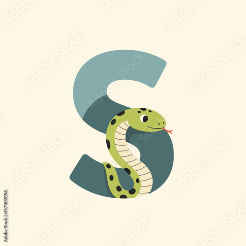 Snake with letter S, for educational resources, with copy space