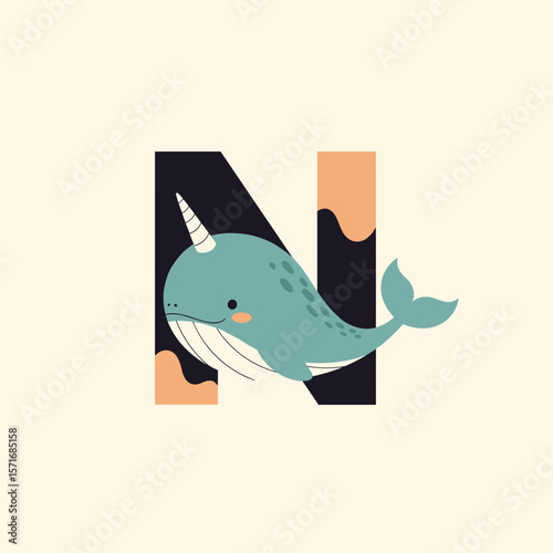 Narwhal illustration with letter N for children's alphabet