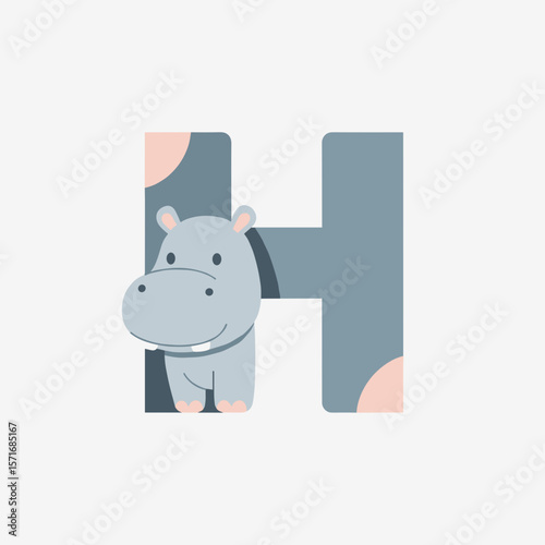 Hippo illustration with letter H on white, education design