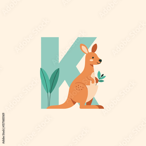 Kangaroo illustration with letter K, for children's alphabet learning with copy space