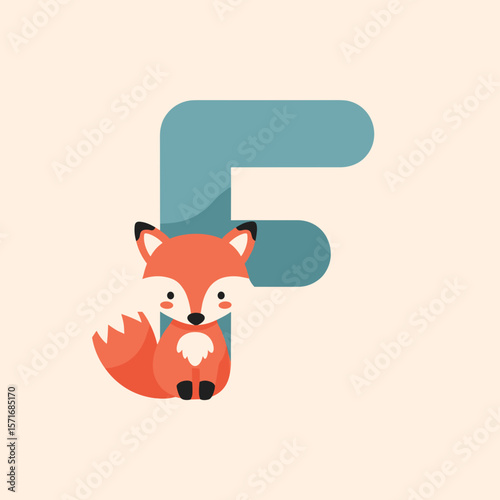 Cartoon fox with letter F on cream background used for education