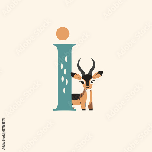 Cartoon gazelle illustrating the letter I for alphabet learning, with copy space