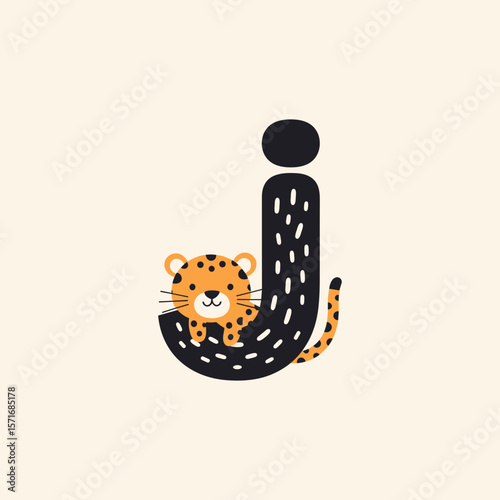 Cartoon jaguar in letter J design, for children's alphabet with copy space