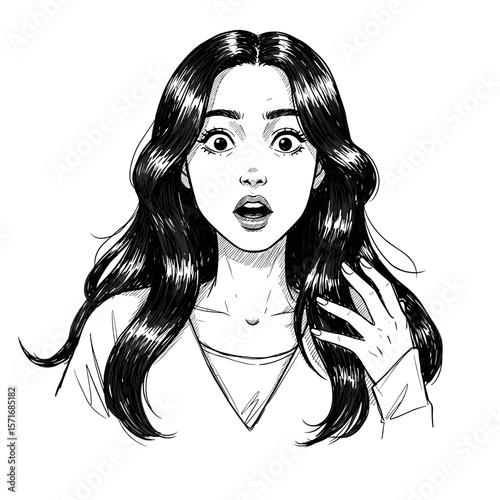 Surprised young woman with long hair expressing shock on white background
