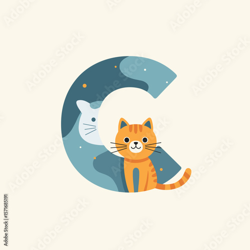 Ginger tabby with letter C, alphabet learning concept, with copy space
