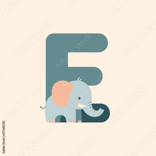 Elephant and letter E in pastel colors, a children's alphabet design with copy space