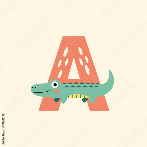 Letter A with cartoon alligator illustration, for educational projects
