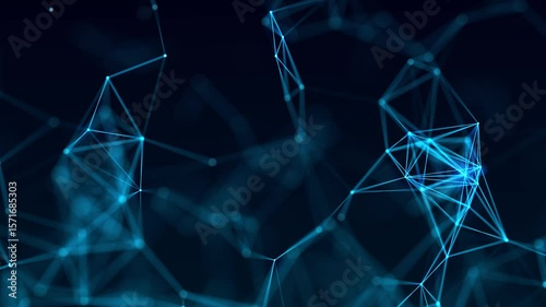 Abstract visualization of a network built from glowing blue lines and nodes on a dark background. Geometric shapes and connections symbolize data transfer, information technology and digitalization